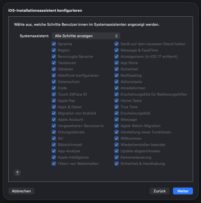 Einrichtungsschritte in Apple Configurator auswählen