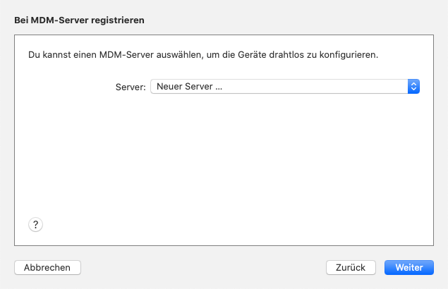 Screenshot des Schritts "Bei MDM-Server registrieren" im Apple Configurator 2