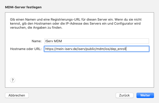 Screenshot des Schritts "MDM-Server festlegen" im Apple Configurator 2