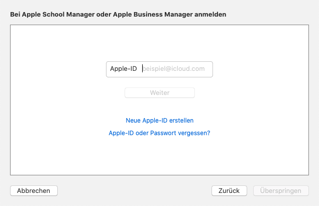 Screenshot des Schritts "Bei Apple School Manager oder Apple Business Manager anmelden" im Apple Configurator 2