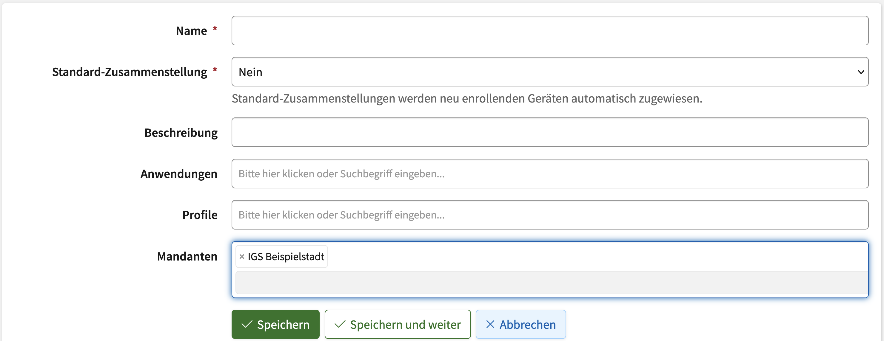 Screenshot des Formulars zum Erstellen/Bearbeiten einer Zusammenstellung mit Feld "Mandanten"