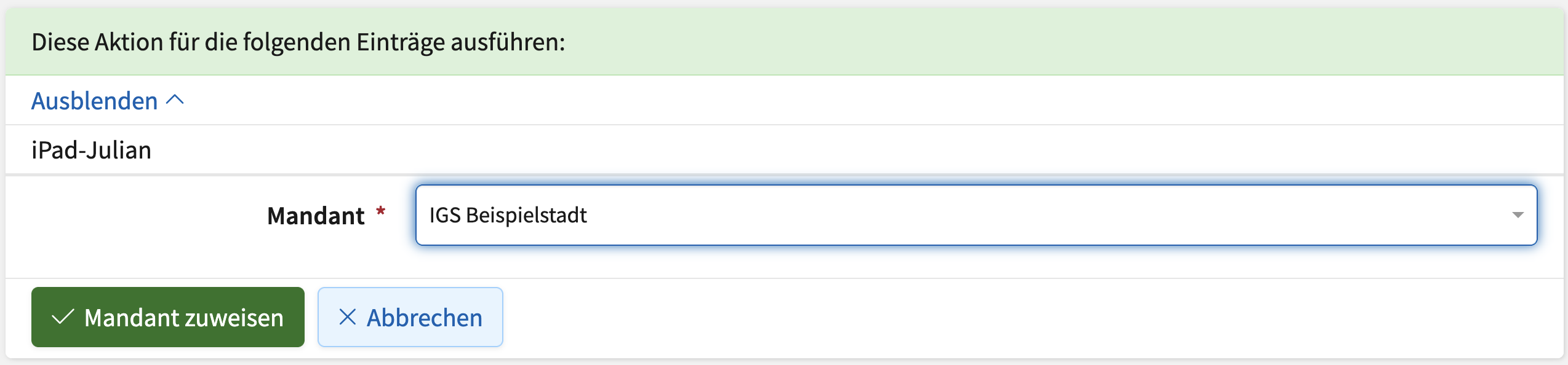Screenshot der "Mandanten zuweisen"-Seite für Geräte