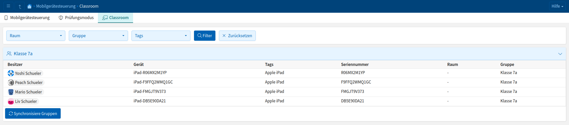 Screenshot der Classroom-Seite in der Mobilgerätesteuerung