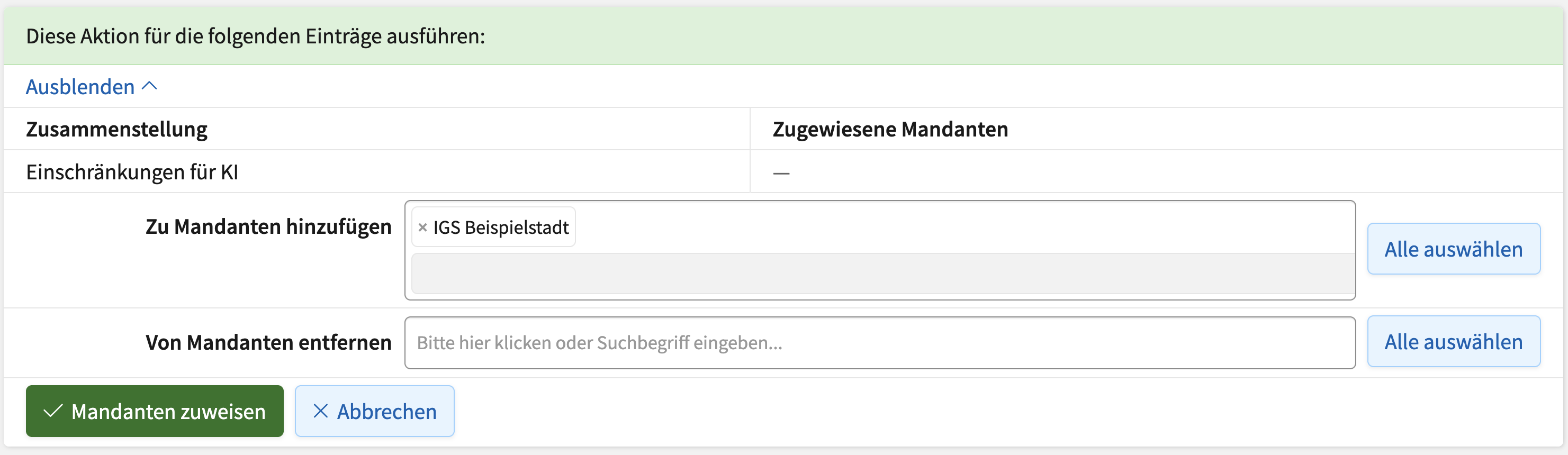 Screenshot der "Mandanten zuweisen"-Seite für Zusammenstellungen