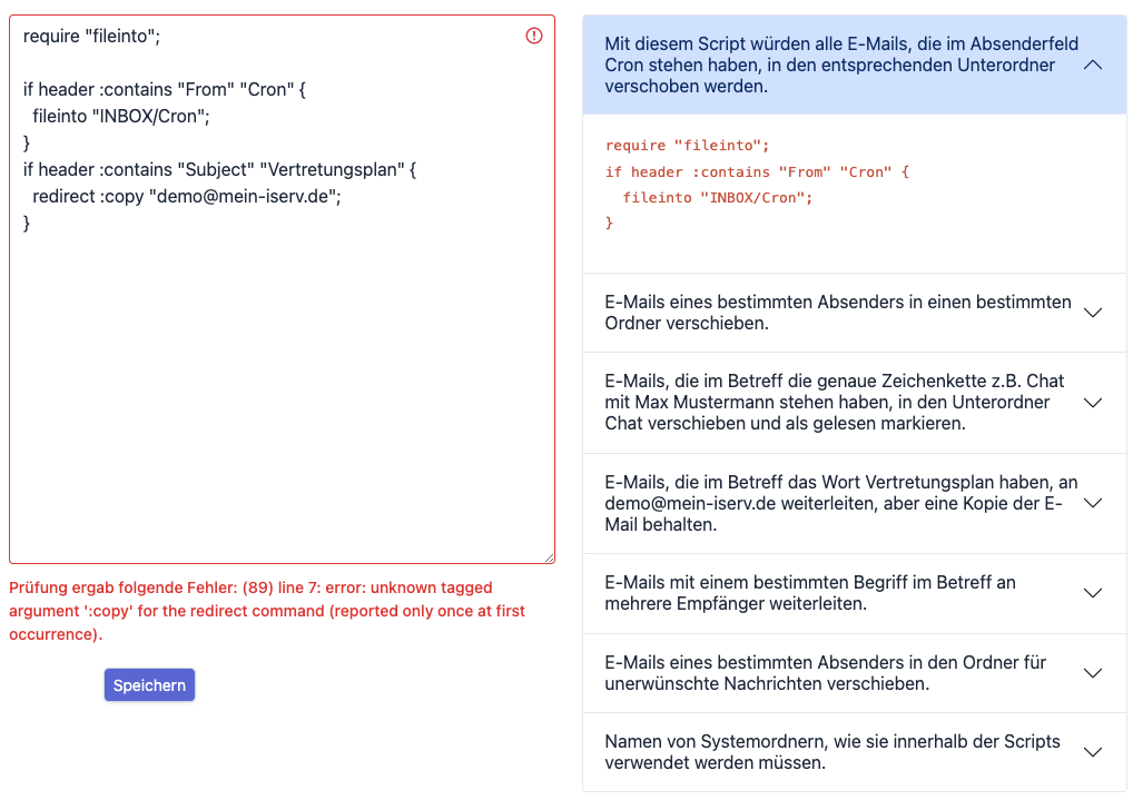 Globale Filterregeln - Fehleroutput