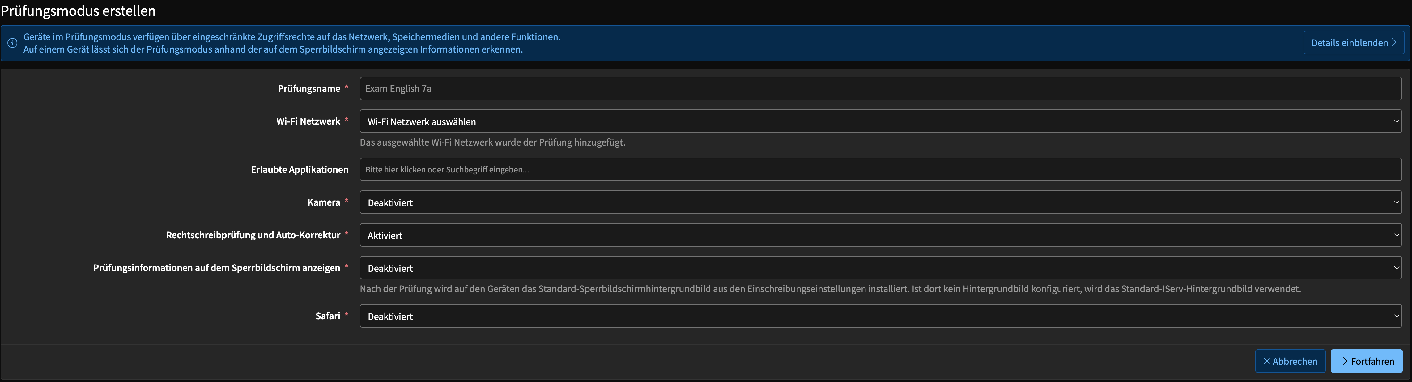Formular zum Konfigurieren des Prüfungsmodus
