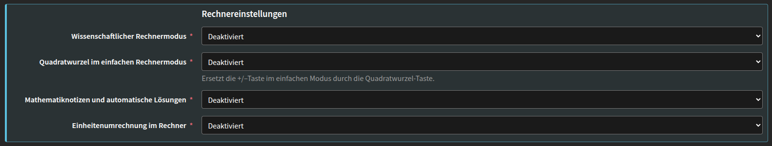 Erweiterte Einstellungen der Applikation :guilabel:`&Rechner`