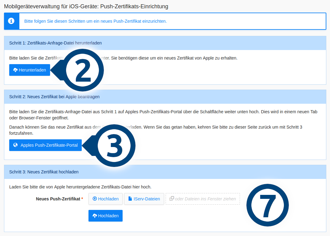 Screenshot der Seite für die Einrichtung oder Erneuerung des Push-Zertifikats im MDM, mit Nummern für die einzelnen notwendigen Schritte