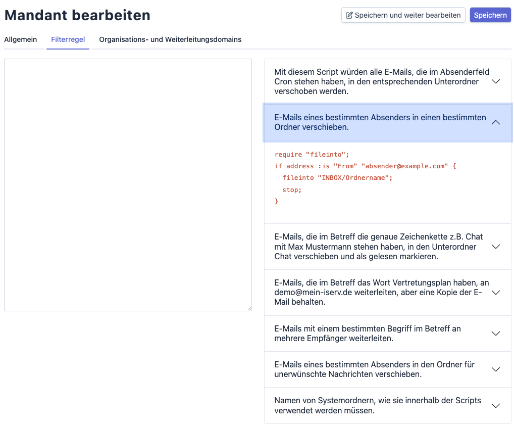 Mandant bearbeiten - Filterregeln