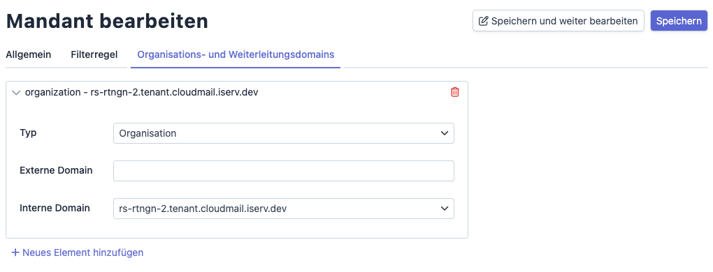 Mandant bearbeiten - Organisations- und Weiterleitungsdomains
